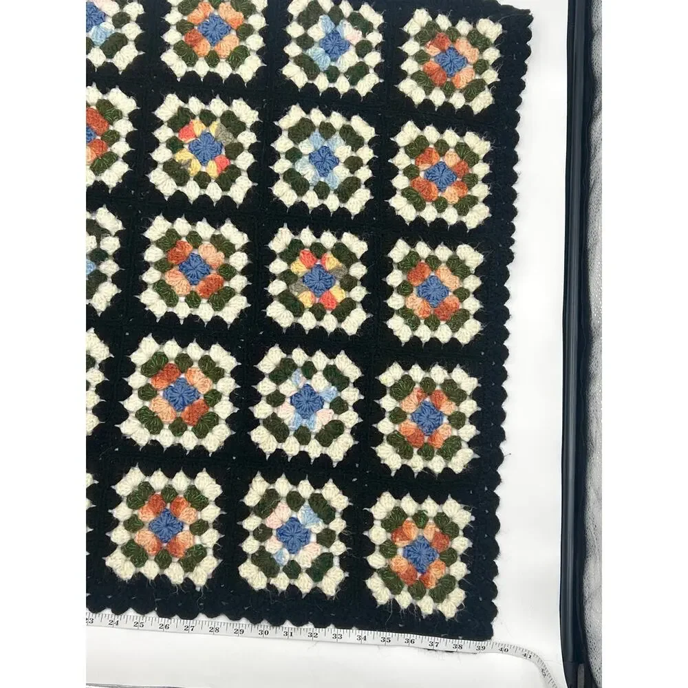 Vintage Crochet Granny Square Afghan Throw Blanket Black Multicolor 39x31 Boho